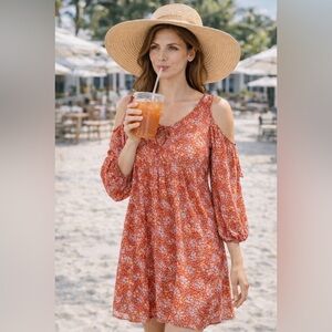 Rebecca Minkoff Red Multi Floral Cappy Dress Sz Large Off Shoulder Vacation Boho